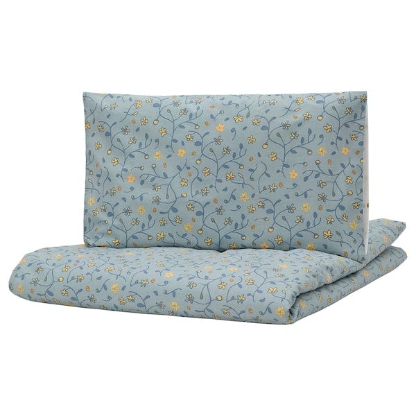 Ikea GULDVÄVARE - Duvet cover and 1 pillowcase for cot, blue/white floral motif,110x125/35x55 cm