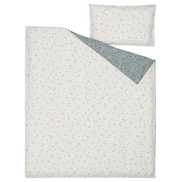 Ikea GULDVÄVARE - Duvet cover and 1 pillowcase for cot, blue/white floral motif,110x125/35x55 cm