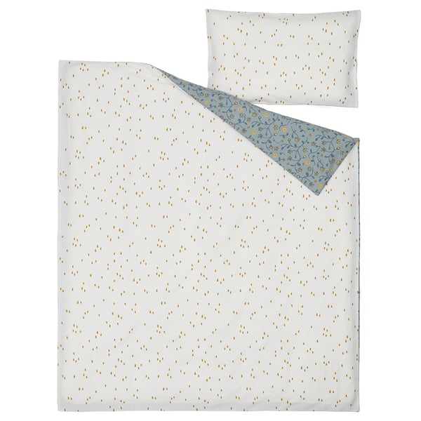 GULDVÄVARE duvet cover 1 pillowcase for cot, blue/white floral pattern, 110x125/35x55 cm