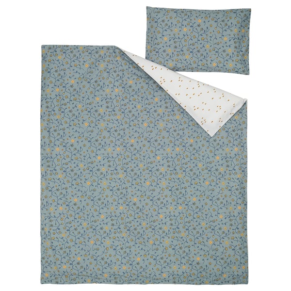 GULDVÄVARE duvet cover 1 pillowcase for cot, blue/white floral pattern, 110x125/35x55 cm