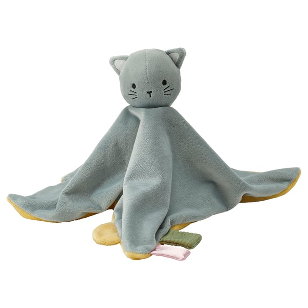 GULDVÄVARE comfort blanket with soft toy, blue yellow/cat