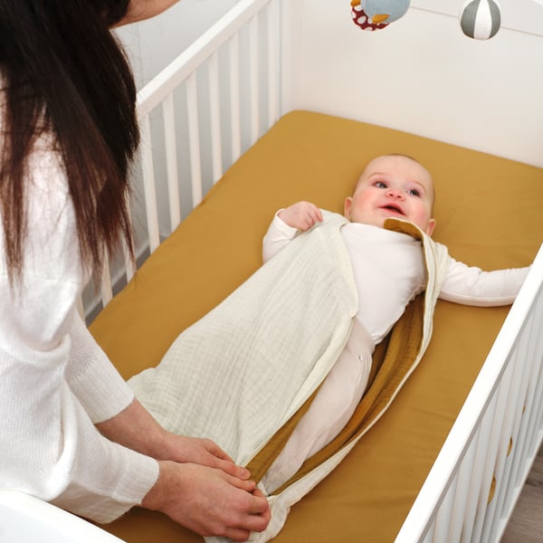 GULDVÄVARE sleep bag, beige/dark yellow, 0-6 months