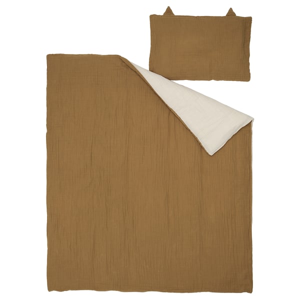 GULDVÄVARE 3-piece bedlinen set for cot, dark yellow/beige, 60x120 cm