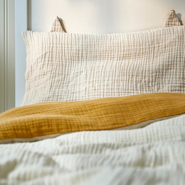 GULDVÄVARE 3-piece bedlinen set for cot, dark yellow/beige, 60x120 cm