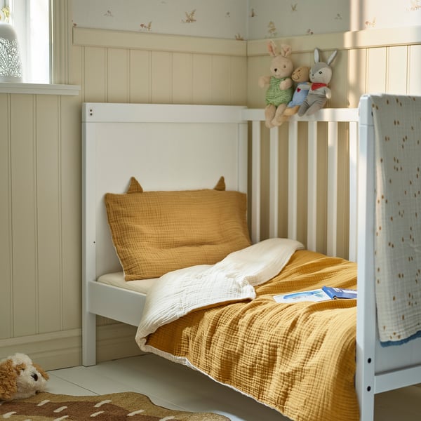 GULDVÄVARE 3-piece bedlinen set for cot, dark yellow/beige, 60x120 cm
