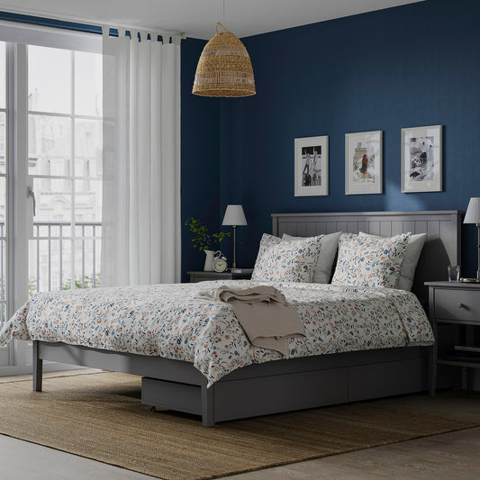 GULLABERG bed frame with 2 storage boxes, grey/Luröy, 140x200 cm