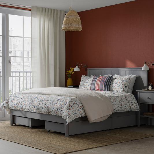 GULLABERG bed frame with 4 storage boxes, grey, 140x200 cm