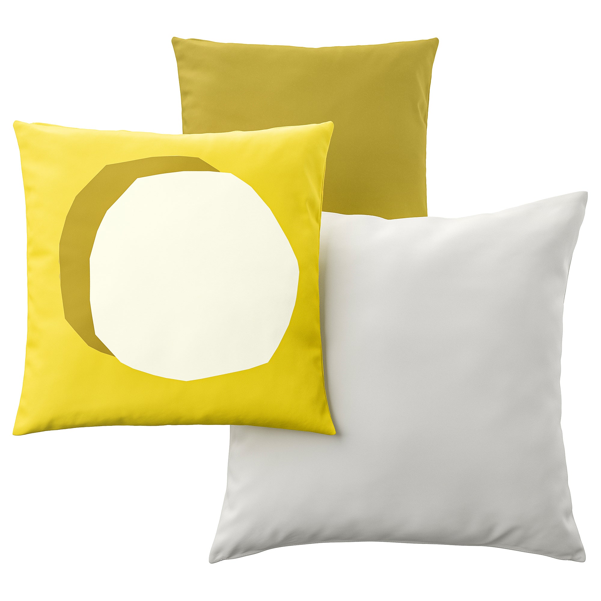 GULLBERGSÖ / HJÄRTERÖ cushion, set of 3, mixed sizes bright yellow/white/off-white out/indoor
