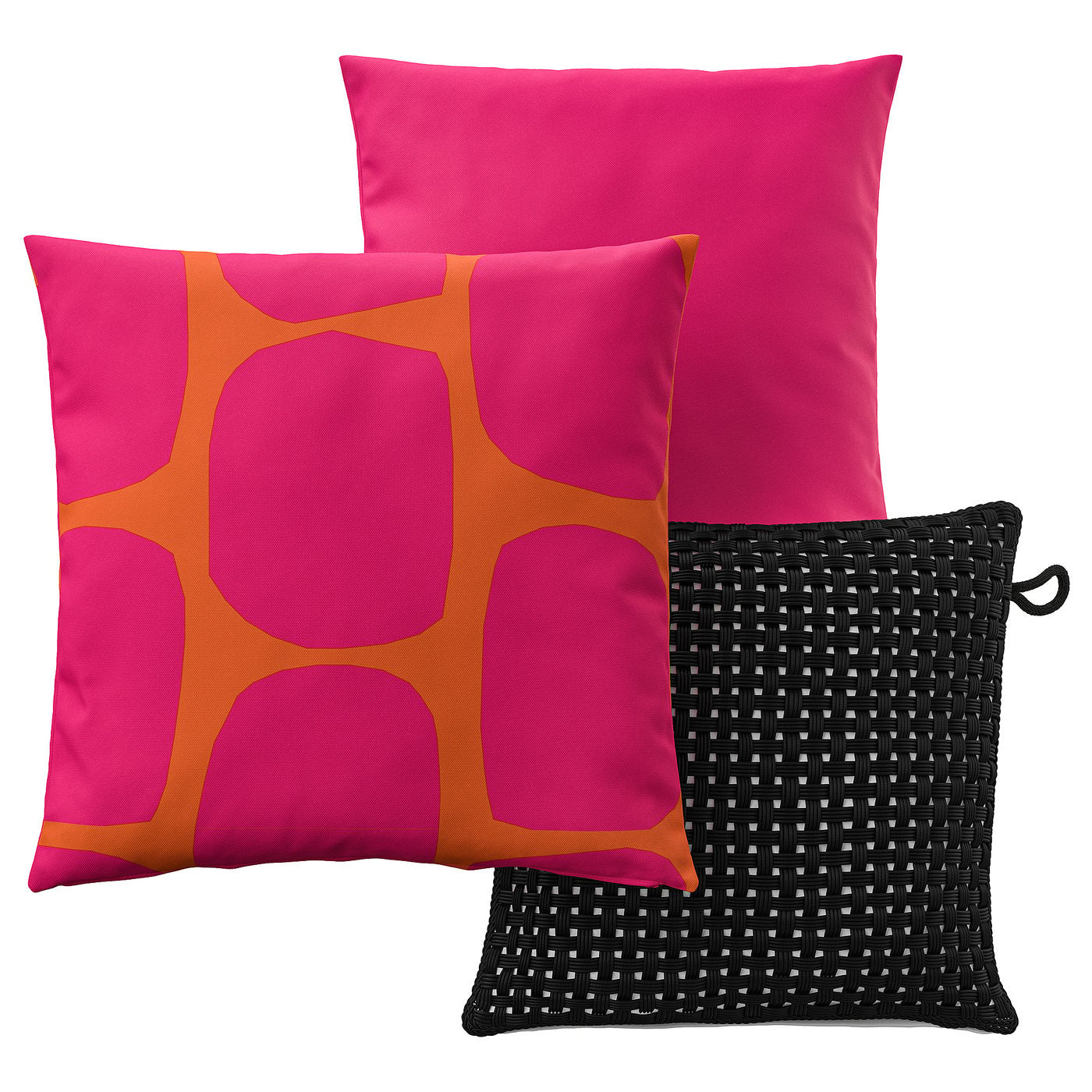GULLBERGSÖ / HJÄRTERÖ cushion, set of 3, bright pink/bright orange bright pink/black out/indoor, 50x50 cm