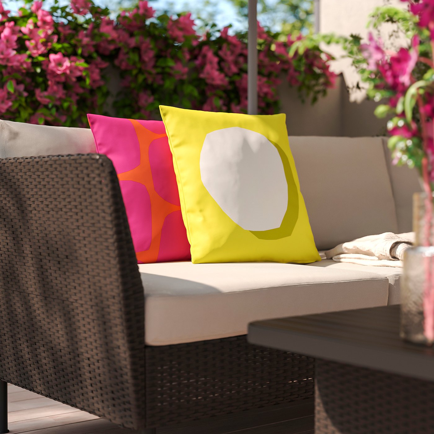 GULLBERGSÖ cushion, set of 2, bright yellow/white bright pink/bright orange/out/indoor, 50x50 cm