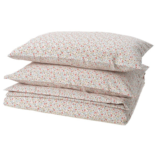 GULLNATTLJUS - Duvet cover and 2 pillowcases, white/floral pattern, 240x220/50x80 cm