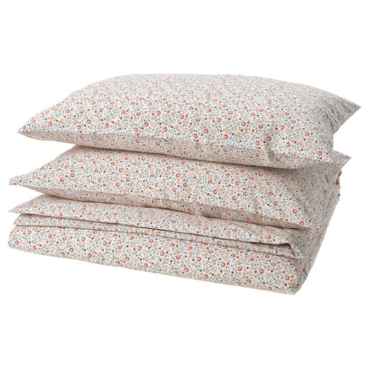 GULLNATTLJUS - Duvet cover and 2 pillowcases, white/floral pattern, 240x220/50x80 cm