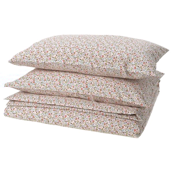 GULLNATTLJUS duvet cover and 2 pillowcases, white/floral pattern