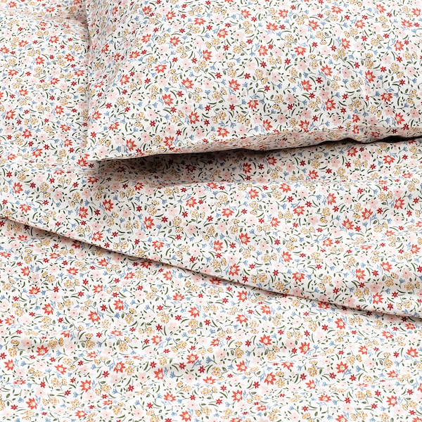 GULLNATTLJUS - Duvet cover and 2 pillowcases, white/floral pattern, 240x220/50x80 cm