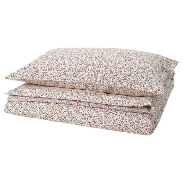 GULLNATTLJUS duvet cover and pillowcase, white/floral pattern