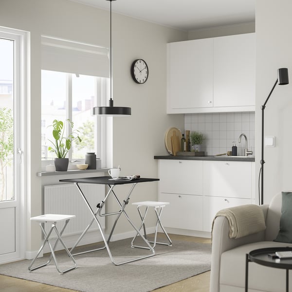 GUNDE / GUNDE table and 2 stools, folding black/folding white, 67x67 cm