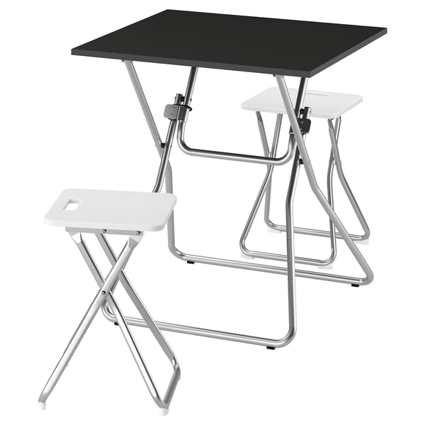 GUNDE / GUNDE table and 2 stools, folding black/folding white, 67x67 cm