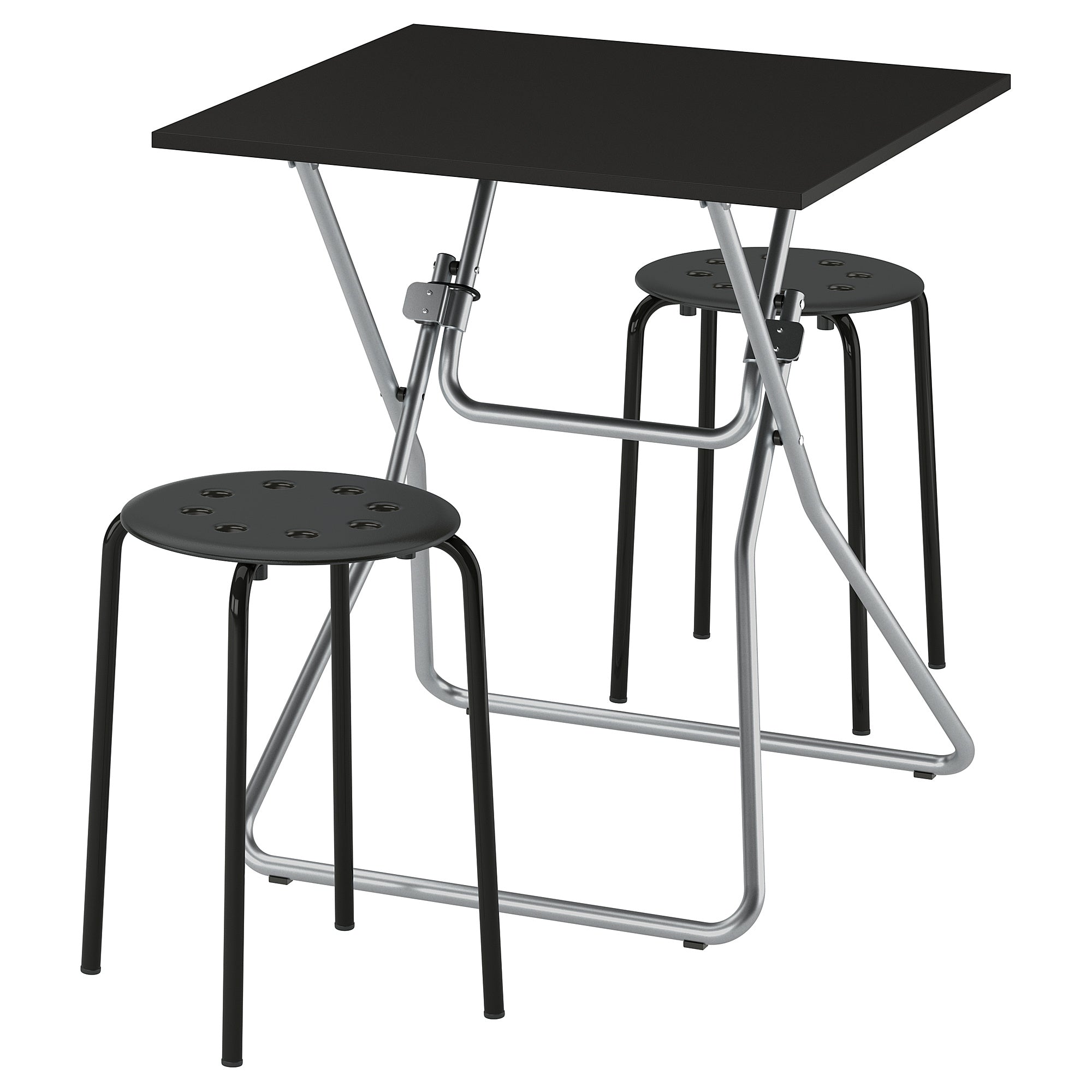 GUNDE / MARIUS table and 2 stools, folding black/black, 67x67 cm