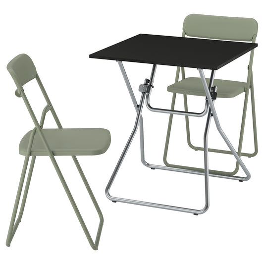 GUNDE / VIHALS table and 2 folding chairs, folding black/green, 67x67 cm