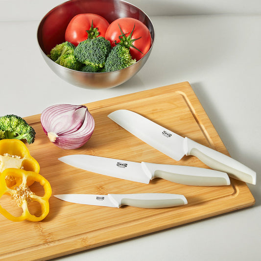 HACKIG 3-piece knife set, ceramic white/beige