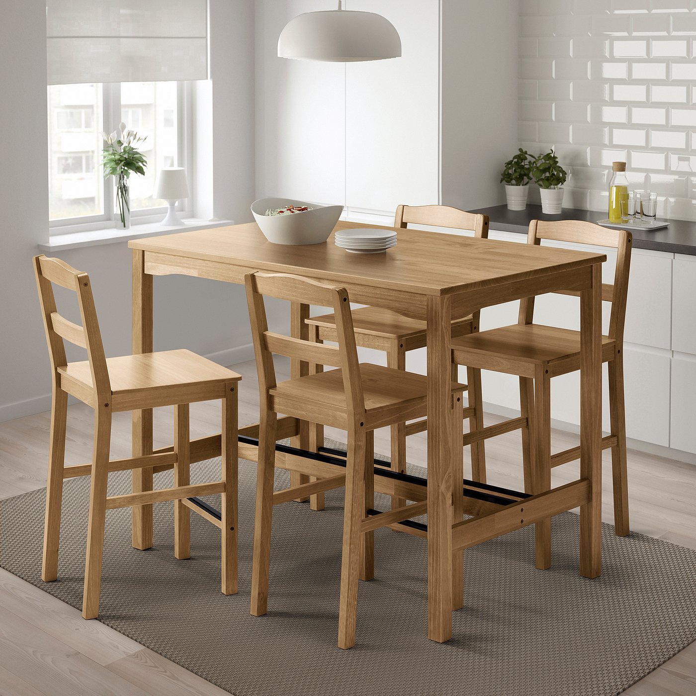 HÄGERNÄS bar table and 4 bar stools, antique stain pine, 118x74 cm