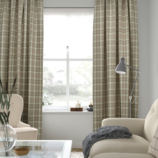 HÄGGVECKMAL room darkening curtains, 1 pair, beige/with heading tape, 145x300 cm