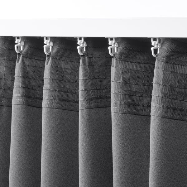 HÄGGVECKMAL room darkening curtains, 1 pair, dark grey/with heading tape, 145x300 cm