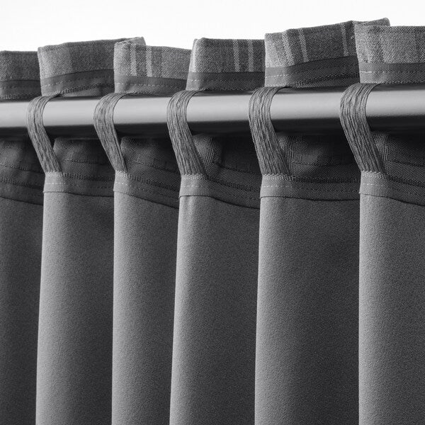 HÄGGVECKMAL room darkening curtains, 1 pair, dark grey/with heading tape, 145x300 cm
