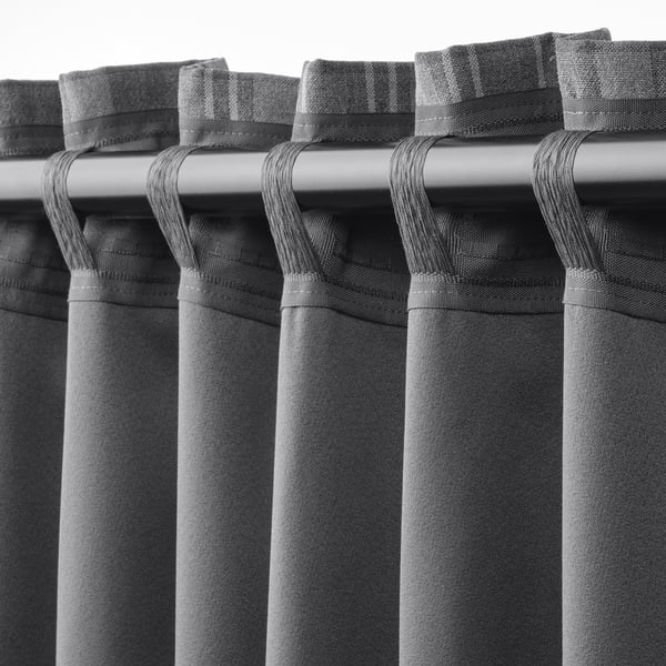 HÄGGVECKMAL room darkening curtains, 1 pair, dark grey/with heading tape, 145x300 cm