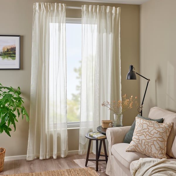 HÄLLEBRÄCKA sheer curtains, 1 pair, white/with heading tape, 145x300 cm