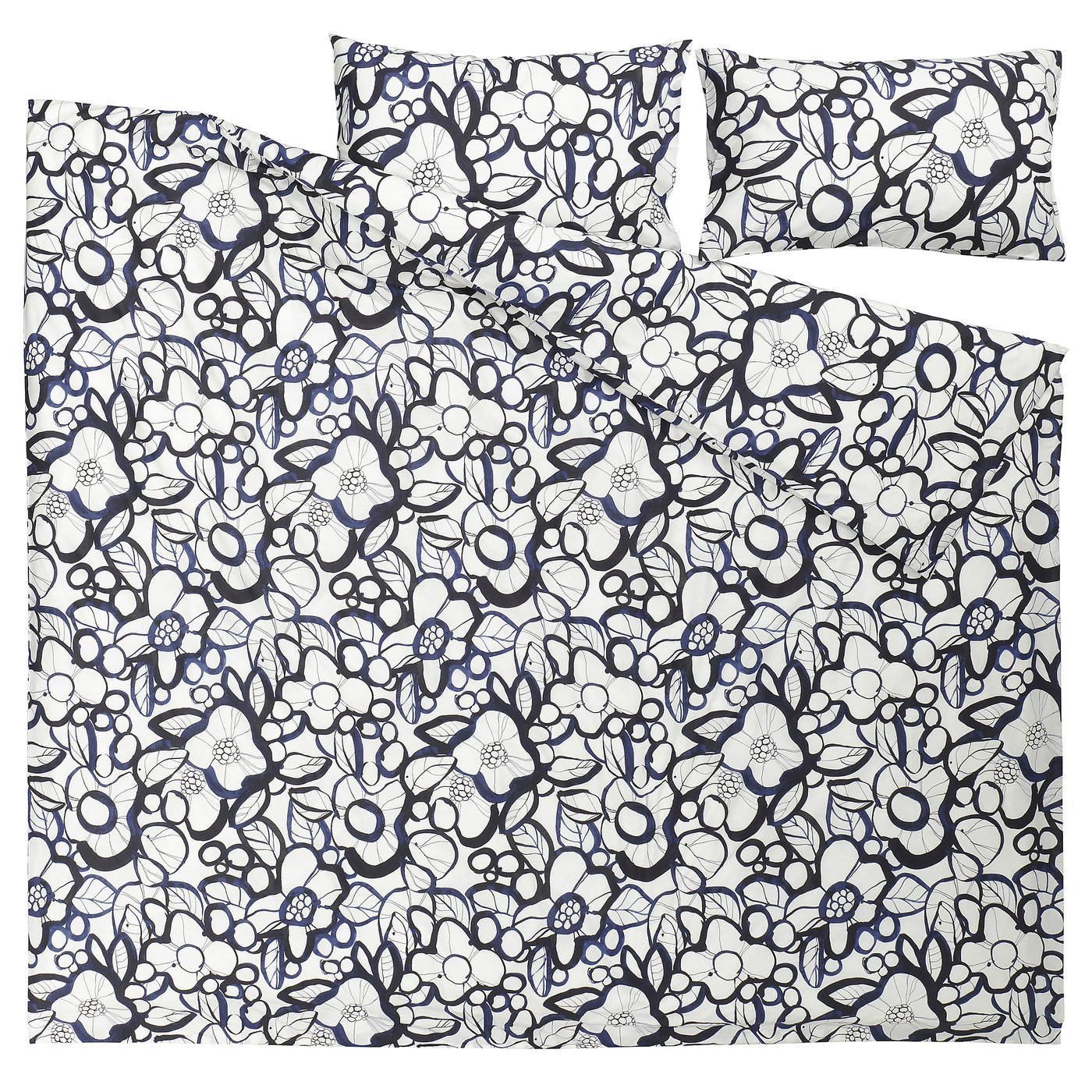 HÄRLIR duvet cover and 2 pillowcases, white black/blue floral pattern, 240x220/50x80 cm