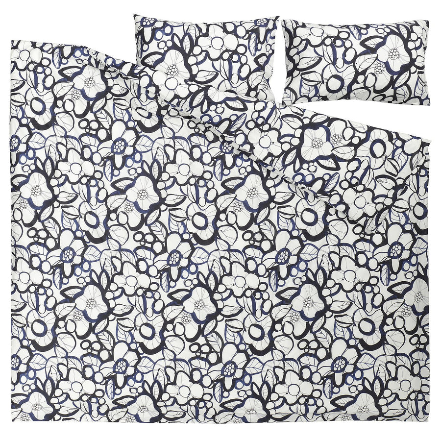 HÄRLIR duvet cover and 2 pillowcases, white black/blue floral pattern, 240x220/50x80 cm
