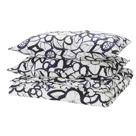 HÄRLIR duvet cover and 2 pillowcases, white black/blue floral pattern, 240x220/50x80 cm