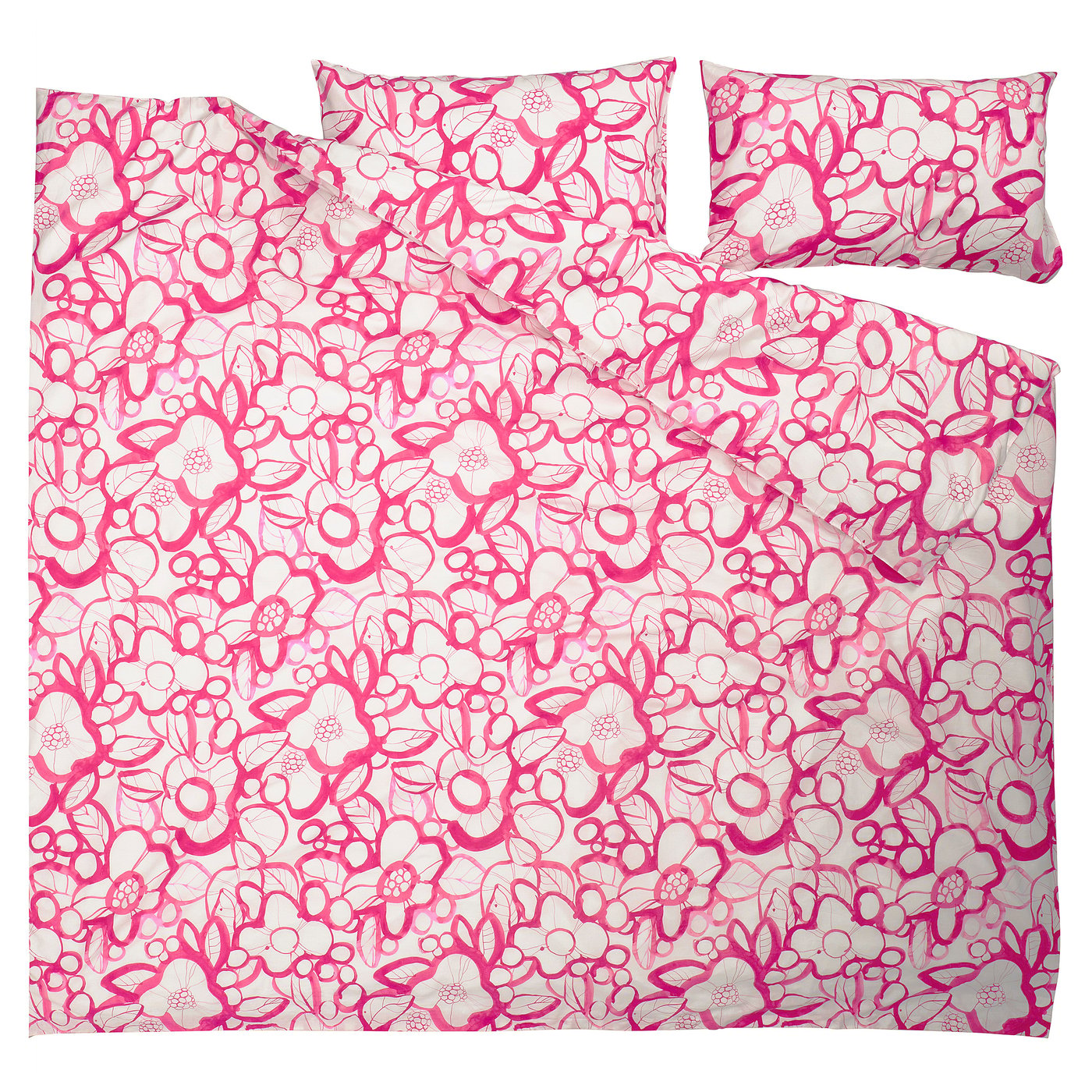 HÄRLIR duvet cover and 2 pillowcases, white bright pink/floral pattern, 240x220/50x80 cm