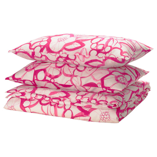 HÄRLIR duvet cover and 2 pillowcases, white bright pink/floral pattern, 240x220/50x80 cm