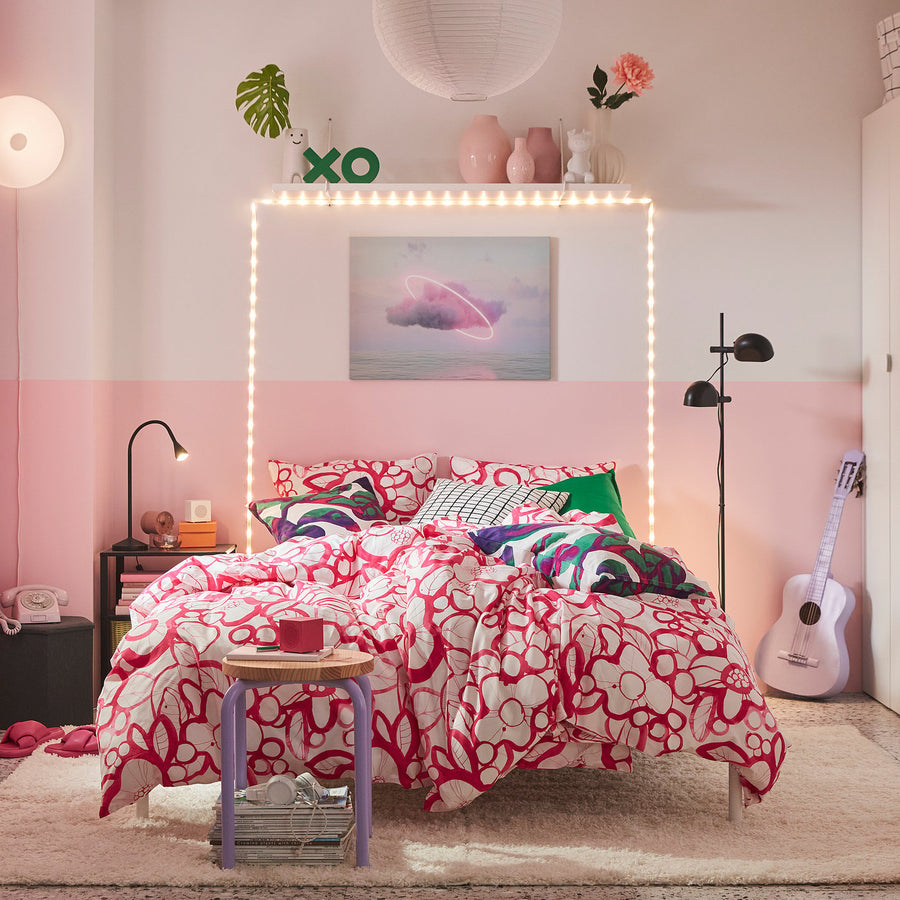 HÄRLIR duvet cover and 2 pillowcases, white bright pink/floral pattern, 240x220/50x80 cm