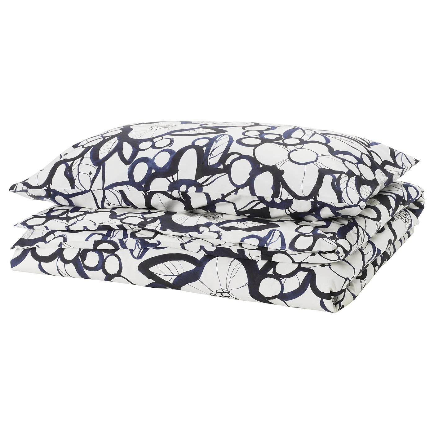 HÄRLIR duvet cover and pillowcase, white black/blue floral pattern, 150x200/50x80 cm
