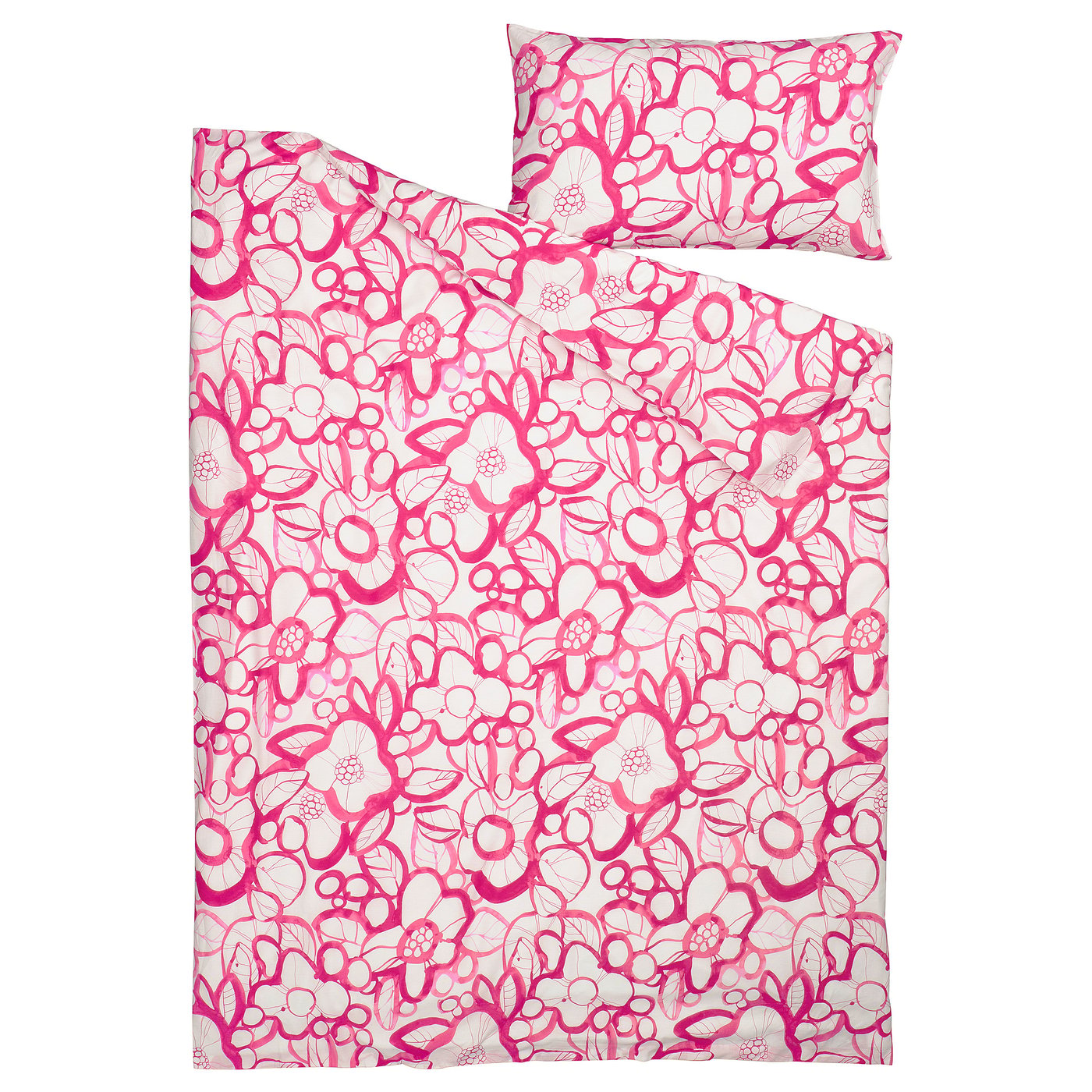 HÄRLIR duvet cover and pillowcase, white bright pink/floral pattern, 150x200/50x80 cm