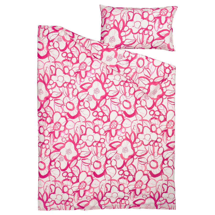HÄRLIR duvet cover and pillowcase, white bright pink/floral pattern, 200x150 cm