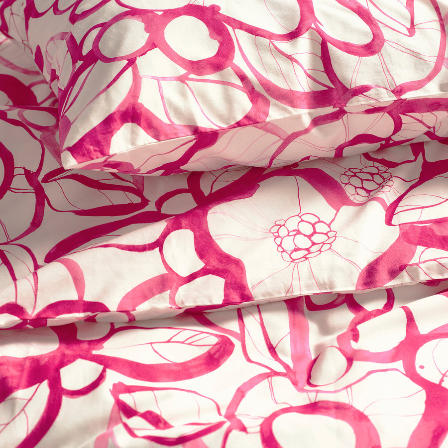 HÄRLIR duvet cover and pillowcase, white bright pink/floral pattern, 200x150 cm