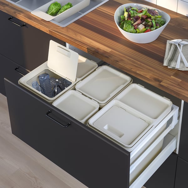 HÅLLBAR - Waste sorting solution, for METOD kitchen drawer/light grey, 57 l