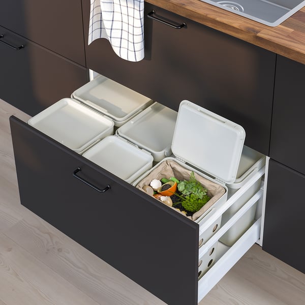 HÅLLBAR - Waste sorting solution, for METOD kitchen drawer ventilated/light grey, 53 l