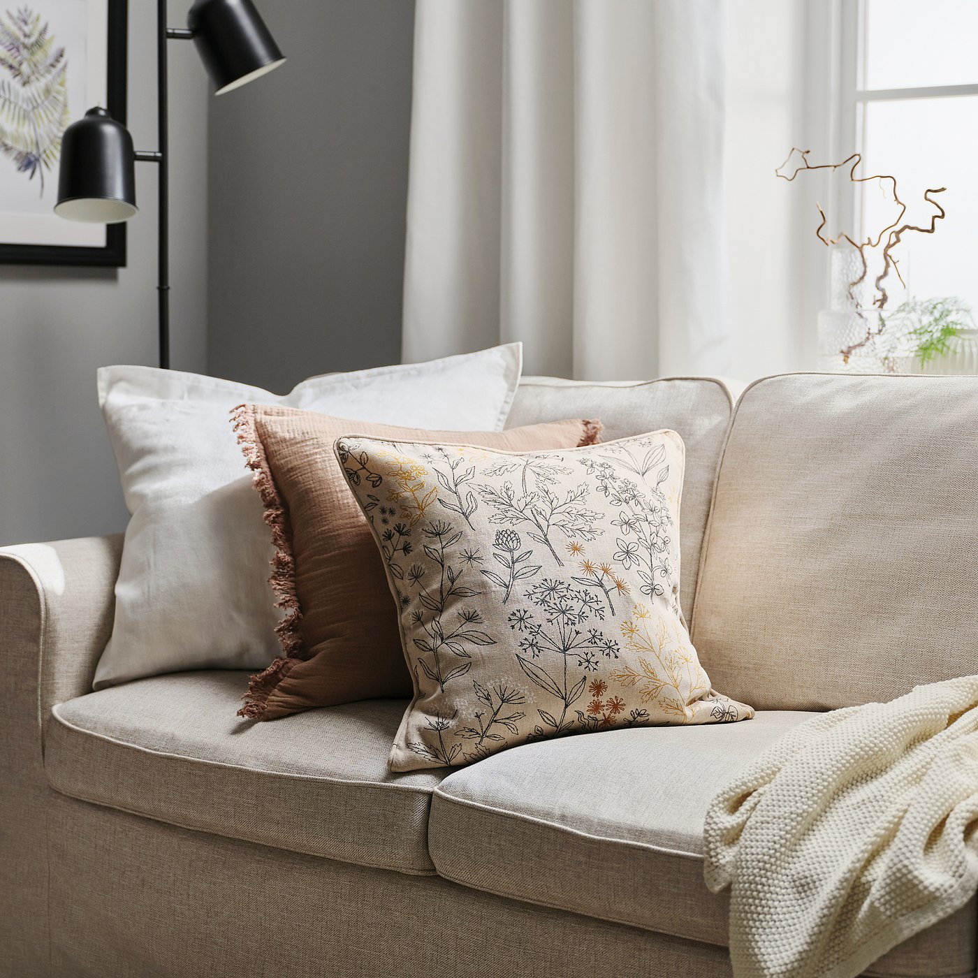 HALLONBUSKE cushion cover, unbleached/floral pattern, 48x48 cm