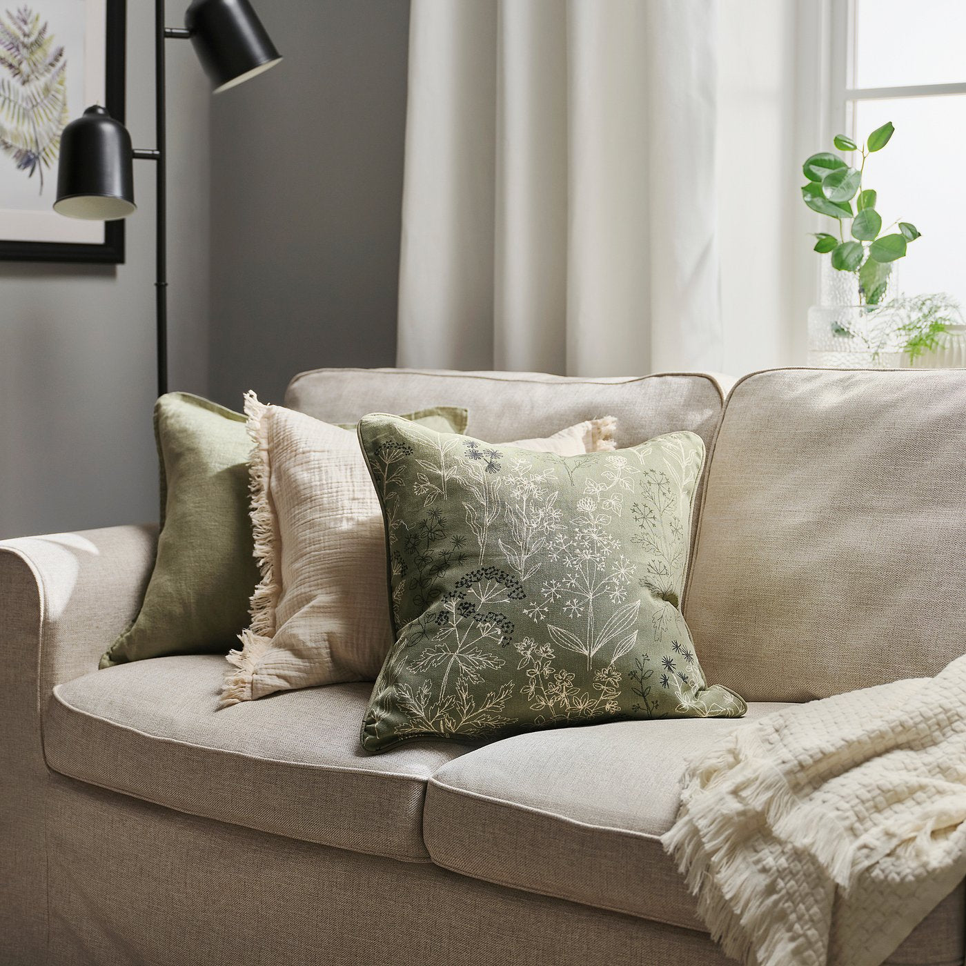 HALLONBUSKE cushion cover, green/floral pattern, 48x48 cm