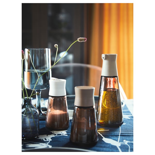 HALVTOM bottle with pour spout, glass/brown, 19 cm