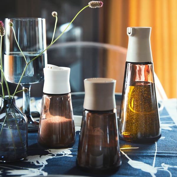 HALVTOM salt and pepper shakers, glass/brown, 12 cm, 2 pack