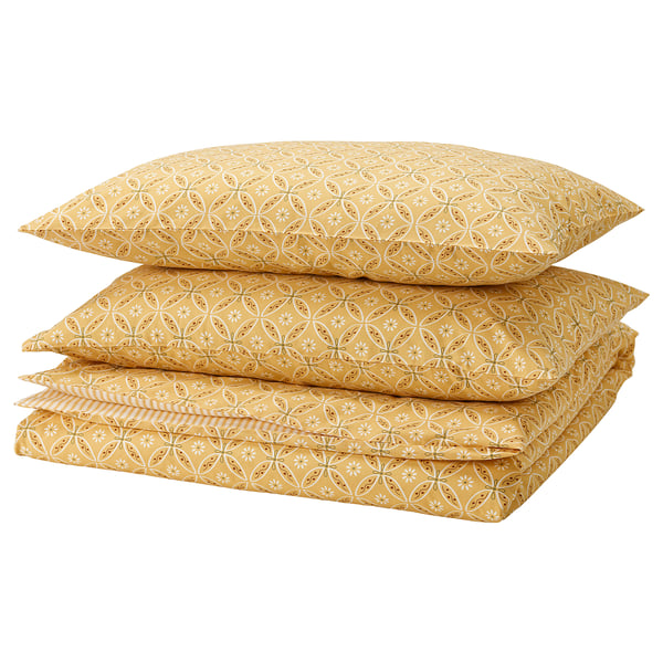 HAMNSENAP comforter cover and 2 pillowcases, yellow/fancy, 240x220/50x80 cm