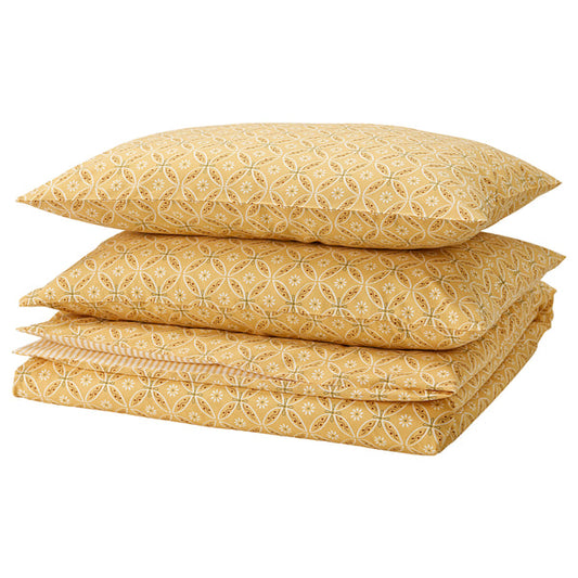 HAMNSENAP comforter cover and 2 pillowcases, yellow/fancy, 240x220/50x80 cm