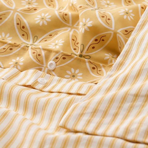 HAMNSENAP comforter cover and 2 pillowcases, yellow/fancy, 240x220/50x80 cm