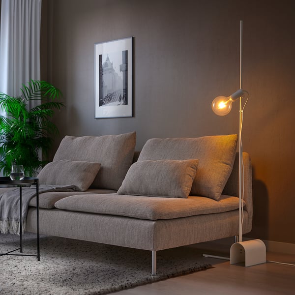HÅRSLINGA / LUNNOM - Floor lamp with bulb, white/clear glass ,